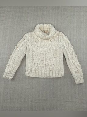 Vera Klein Handmade Girls Cable Knit Turtleneck Sweater Cream Chunky Knit Sz 6-7